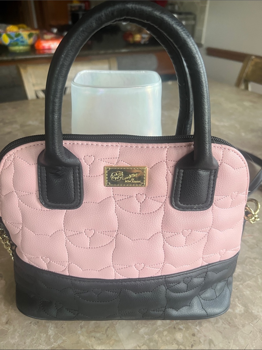 Betsey Johnson Pink and Black Cat Quilted Satchel Handbag